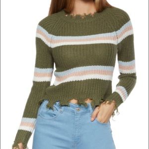Stripe knit distressed hem sweater